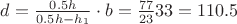 $d=\frac{0.5h}{0.5h-h_1}\cdot b=\frac{77}{23}33=110.5с$