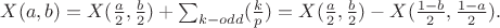 $X(a,b)=X(\frac a2,\frac b2)+\sum_{k-odd}(\frac kp)=X(\frac a2,\frac b2)-X(\frac{1-b}{2},\frac{1-a}{2}).$