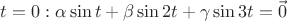 $t=0 : \alpha\sin t + \beta\sin2t + \gamma\sin3t = \vec{0}$