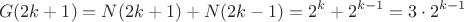 $$G(2k+1)=N(2k+1)+N(2k-1)=2^k+2^{k-1}=3\cdot2^{k-1}$$