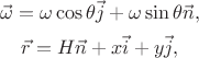$$
\vec{\omega}
=
\omega\cos\theta\vec{j}
+
\omega\sin\theta\vec{n}
,
$$
$$\vec{r}
=
H \vec{n}
+
x \vec{i}
+
y \vec{j}
,
$$ $$
\vec{\omega}
=
\omega\cos\theta\vec{j}
+
\omega\sin\theta\vec{n}
,
$$
$$\vec{r}
=
H \vec{n}
+
x \vec{i}
+
y \vec{j}
,
$$