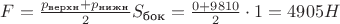 $F=\frac{p_{\text{верхн}}+p_{\text{нижн}}}{2} S_{\text{бок}}=\frac{0+9810}{2} \cdot 1=4905 H$