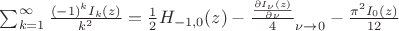 $\sum _{k=1}^{\infty } \frac{(-1)^k I_k(z)}{k^2}=\frac{1}{2} H_{-1,0}(z)-\frac{\frac{\partial I_{\nu }(z)}{\partial \nu }}{4}\right|_{\nu \to 0}-\frac{\pi ^2 I_0(z)}{12}$