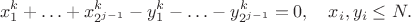 $$x_1^k+\ldots+x_{2^{j-1}}^k-y_1^k-\ldots-y_{2^{j-1}}^k=0,\quad x_i, y_i\le N.$$