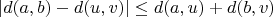 $$|d(a,b)-d(u,v)| \leq d(a,u)+d(b,v)$$