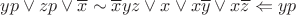 $yp \vee zp \vee \overline{x} \sim \overline{x}yz \vee x \vee x\overline{y} \vee x\overline{z} \Leftarrow yp$