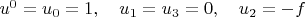 $u^0  = u_0  = 1, \quad u_1  = u_3  = 0, \quad u_2  =  - f$