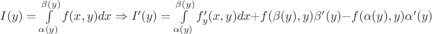 $I(y)=\int \limits_{\alpha(y)}^{\beta(y)}f(x,y)dx \Rightarrow I'(y) = \int \limits_{\alpha(y)}^{\beta(y)}f'_y(x,y)dx+f(\beta(y),y)\beta'(y)-f(\alpha(y),y)\alpha'(y)$