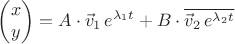 $$\begin{pmatrix}x\\ y\end{pmatrix}=A\cdot \vec v_1\,e^{\lambda_1 t}+B\cdot \overline{\vec v_2\,e^{\lambda_2 t}}$$