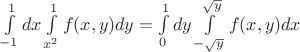 $\int\limits_{-1}^{1}dx \int\limits_{x^2}^{1}f(x,y)dy = \int\limits_{0}^{1}dy \int\limits_{-\sqrt{y}}^{\sqrt{y}}f(x,y)dx$