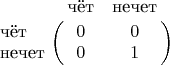 $\bordermatrix{
& \text{чёт} & \text{нечет} \cr
\text{чёт} & 0 & 0 \cr
\text{нечет} & 0 & 1 \cr
}$