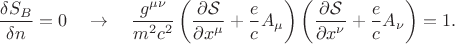 $$
\frac{\delta S_{B}}{\delta n} = 0 \quad \to \quad
\frac{g^{\mu \nu}}{m^2 c^2} \left( \frac{\partial \mathcal S}{\partial x^{\mu}} + \frac{e}{c} A_{\mu} \right)
\left( \frac{\partial \mathcal S}{\partial x^{\nu}} + \frac{e}{c} A_{\nu} \right)
= 1.
$$