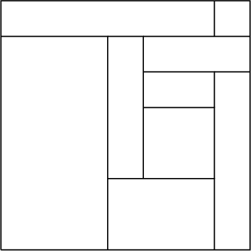 $\begin{tikzpicture}
\draw[thick] (0,0)--(0,7)--(7,7)--(7,0)--(0,0);
\draw[thick] (3,0)--(3,6)--(0,6);
\draw[thick] (3,2)--(6,2)--(6,0);
\draw[thick] (3,6)--(4,6)--(4,2);
\draw[thick] (4,4)--(6,4)--(6,2);
\draw[thick] (4,5)--(6,5)--(6,4);
\draw[thick] (6,5)--(7,5);
\draw[thick] (4,6)--(7,6);
\draw[thick] (6,6)--(6,7);
\end{tikzpicture}$