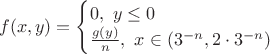 $$f(x, y) = \begin{cases}
0,\ y \leq 0\\
\frac{g(y)}{n},\ x \in (3^{-n}, 2\cdot 3^{-n})
\end{cases}$$