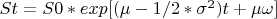 $St = S0*exp[(\mu - 1/2*\sigma^2)t + \mu\omega]$