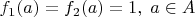 $f_1(a)=f_2(a)=1, \; a\in A$