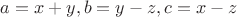 $a=x+y, b=y-z,c=x-z$