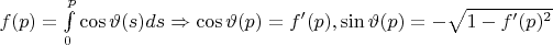 $f(p)=\int\limits_0^p\cos\vartheta (s)ds\Rightarrow\cos\vartheta(p)=f^\prime(p),\sin\vartheta(p)=-\sqrt{1-f^\prime(p)^2}$