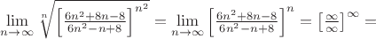 $\lim\limits_{n \to \infty}\sqrt[n]{\left[\frac{6n^2+8n-8}{6n^2-n+8}\right]^{n^2}}=\lim\limits_{n \to \infty}\left[\frac{6n^2+8n-8}{6n^2-n+8}\right]^{n}=\left[\frac{\infty}{\infty}\right]^{\infty}=