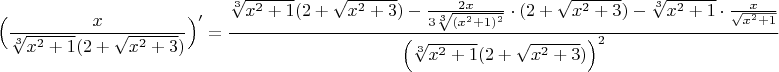 $\Big(\dfrac{x}{\sqrt[3]{x^2+1}(2+\sqrt{x^2+3})}\Big)'=\dfrac{\sqrt[3]{x^2+1}(2+\sqrt{x^2+3})-\frac{2x}{3\sqrt[3]{(x^2+1)^2}}\cdot (2+\sqrt{x^2+3})-\sqrt[3]{x^2+1}\cdot \frac{x}{\sqrt{x^2+1}}}{\Big(\sqrt[3]{x^2+1}(2+\sqrt{x^2+3})\Big)^2}}$