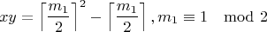 $$xy=\left\lceil\frac{m_1}{2}\right\rceil^2-\left\lceil\frac{m_1}{2}\right\rceil, m_1\equiv 1\mod 2$$