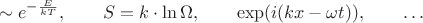 $$\sim e^{-\frac{E}{kT}},\qquad S = k\cdot\ln{\Omega},\qquad \exp(i(k x - \omega t)), \qquad\dots$$