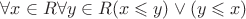 $\forall x \in R \forall y \in R (x \leqslant y) \vee (y \leqslant x)$