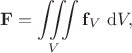 $$\mathbf F = \iiint \limits_V \mathbf f_V \ \mathrm dV,$$ $$\mathbf F = \iiint \limits_V \mathbf f_V \ \mathrm dV,$$