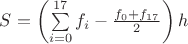 $S=\left(\sum\limits_{i=0}^{17} f_i - \frac{f_0+f_{17}}{2}\right) h$