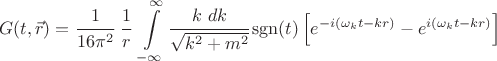 $$ G(t, \vec r) = \cfrac{1}{16 \pi^2} ~ \cfrac{1}{r} ~ \int\limits_{-\infty}^\infty \cfrac{k ~dk}{\sqrt{k^2+m^2}} \operatorname{sgn}(t) \left[ e^{-i(\omega_k t - k r)} - e^{i(\omega_k t -k r)} \right] $$