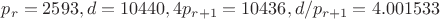 $p_r=2593, d=10440, 4p_{r+1}=10436, d/p_{r+1}=4.001533$