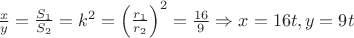 $\frac{x}{y} = \frac{{S_1 }}{{S_2 }} = k^2  = \left( {\frac{{r_1 }}{{r_2 }}} \right)^2  = \frac{{16}}{9} \Rightarrow x = 16t,y = 9t$