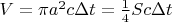 $V=\pi a^2 c\Delta t=\frac 1 4S c\Delta t$