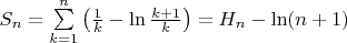 $S_n=\sum\limits_{k=1}^n\left(\frac{1}{k}-\ln\frac{k+1}{k}\right)=H_n-\ln(n+1)$