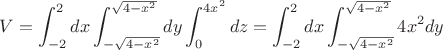 $V=\displaystyle\int_{-2}^2dx\displaystyle\int_{-\sqrt{4-x^2}}^{\sqrt{4-x^2}}dy\displaystyle\int_0^{4x^2}dz = \displaystyle\int_{-2}^2dx\displaystyle\int_{-\sqrt{4-x^2}}^{\sqrt{4-x^2}}4x^2dy$