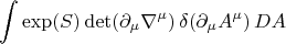 $$
\int \exp(S) \det(\partial_\mu\nabla^\mu)\, \delta(\partial_\mu A^\mu)\,DA
$$
