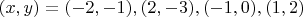 $(x,y)=(-2,-1), (2,-3), (-1,0), (1,2)$