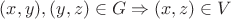 $(x,y), (y,z)\in G \Rightarrow (x,z)\in V$