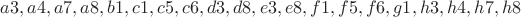 $a3,a4,a7,a8,b1,c1,c5,c6,d3,d8,e3,e8,f1,f5,f6,g1,h3,h4,h7,h8$