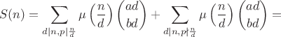 $$S(n)=
\sum\limits_{d|n, p|\frac{n}{d}}\mu\left(\frac{n}{d}\right)\binom{ad}{bd}+
\sum\limits_{d|n, p\nmid \frac{n}{d}}\mu\left(\frac{n}{d}\right)\binom{ad}{bd}
=$$
