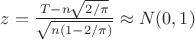$z=\frac{T-n\sqrt{2/\pi}}{\sqrt{n(1-2/\pi)}}\approx N(0,1)$