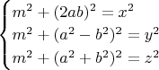 $\begin{cases}
m^2+(2ab)^2=x^2\\
m^2+(a^2-b^2)^2=y^2\\
m^2+(a^2+b^2)^2=z^2
\end{cases}$