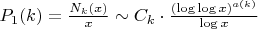 $P_1(k) = \frac{N_k(x)}{x} \sim C_k \cdot \frac{(\log\log x)^{a(k)}}{\log x}$