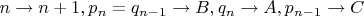 $n\rightarrow n+1,p_n=q_{n-1} \rightarrow B,q_n \rightarrow A,p_{n-1} \rightarrow C$
