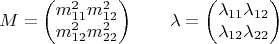 $$M=\begin{pmatrix}
 m_{11}^2  m_{12}^2 \\
 m_{12}^2  m_{22}^2 
\end{pmatrix} \qquad \lambda=\begin{pmatrix}
 \lambda_{11}  \lambda_{12} \\
 \lambda_{12}  \lambda_{22}
\end{pmatrix}$$