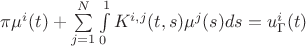 $\pi\mu^i(t)+\sum\limits_{j=1}^{N}\int\limits_{0}^{1}K^{i,j}(t,s)\mu^j(s)ds=u^i_{\Gamma}(t)$