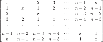 $$\begin{bmatrix} x & 1 & 2 & 3 & \cdots & n-1 & n\\ 1 & x & 1 & 2 & \cdots & n-2 & n-1\\ 2 & 1 & x & 1 & \cdots & n-3 & n-2\\ 3 & 2 & 1 & x & \cdots & n-4 & n-3\\ \vdots & \vdots & \vdots & \vdots & \ddots & \vdots & \vdots\\ n-1 & n-2 & n-3 & n-4 & \cdots & x & 1\\ n & n-1 & n-2 & n-3 & \cdots & 1 &x \end{bmatrix}$$