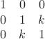 $$
\begin{array}{ccc}
1 & 0 & 0 \\
0 & 1 & k \\
0 & k & 1 \end{array}
$$