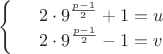 $$\left\{
\begin{array}{rcl}
 &2 \cdot 9^{\frac{p-1}{2}}+1=u& \\
 &2 \cdot 9^{\frac{p-1}{2}}-1=v& \\
\end{array}
\right.$$