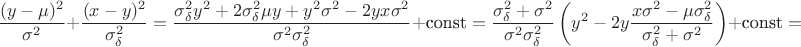 $$\dfrac{(y-\mu)^2}{\sigma^2} + \dfrac{(x-y)^2}{\sigma_\delta^2} = \dfrac{\sigma_\delta^2 y^2+2\sigma_\delta^2\mu y + y^2\sigma^2-2yx \sigma^2}{\sigma^2\sigma_\delta^2} + \textrm{const} = \dfrac{\sigma_\delta^2+\sigma^2}{\sigma^2\sigma_\delta^2}\left(y^2 - 2y\dfrac{x\sigma^2-\mu\sigma_\delta^2}{\sigma_\delta^2 + \sigma^2}\right) + \textrm{const}= $$